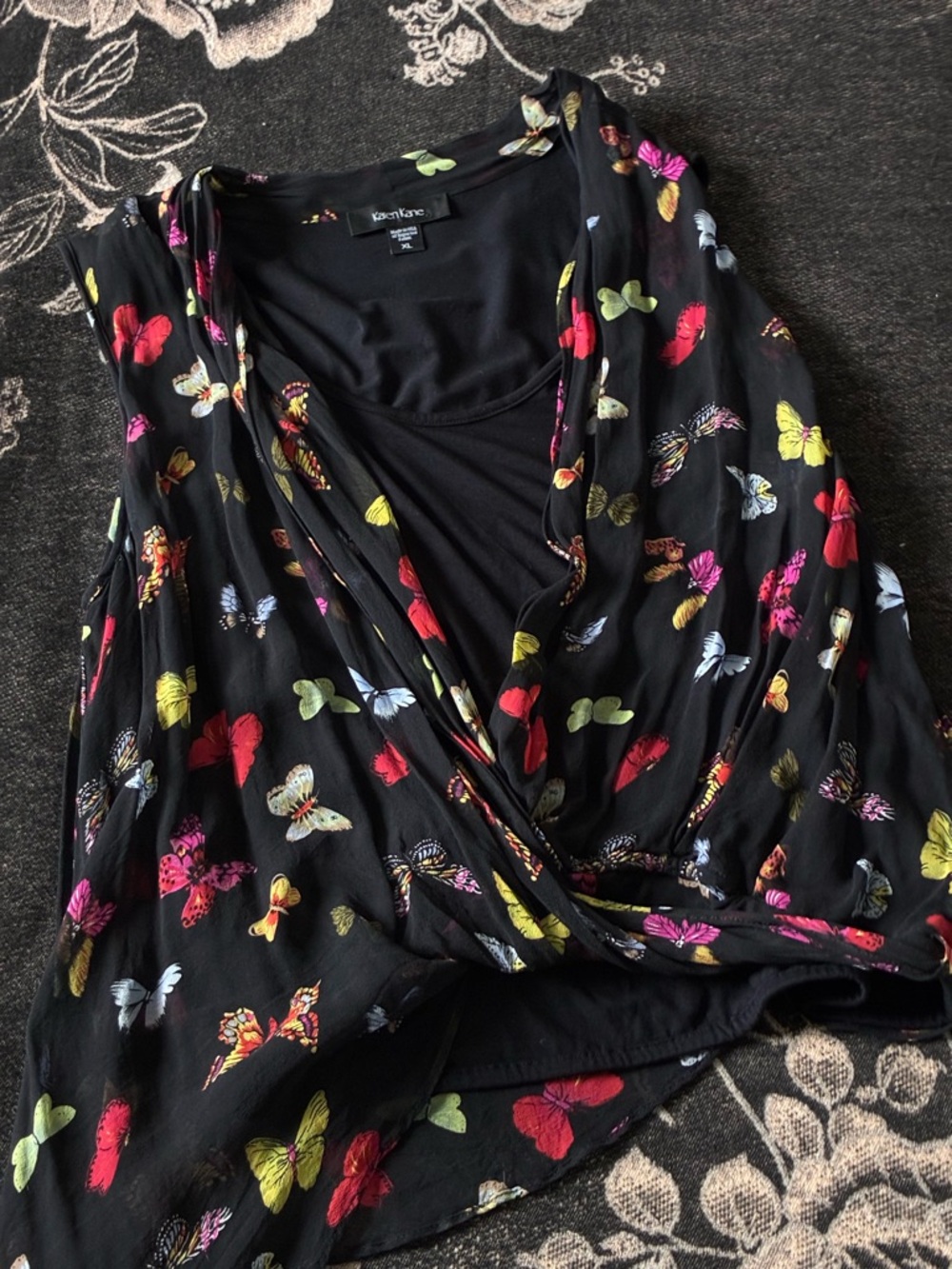 Karen Kane Black Multicolor Butterfly Draped Camisole